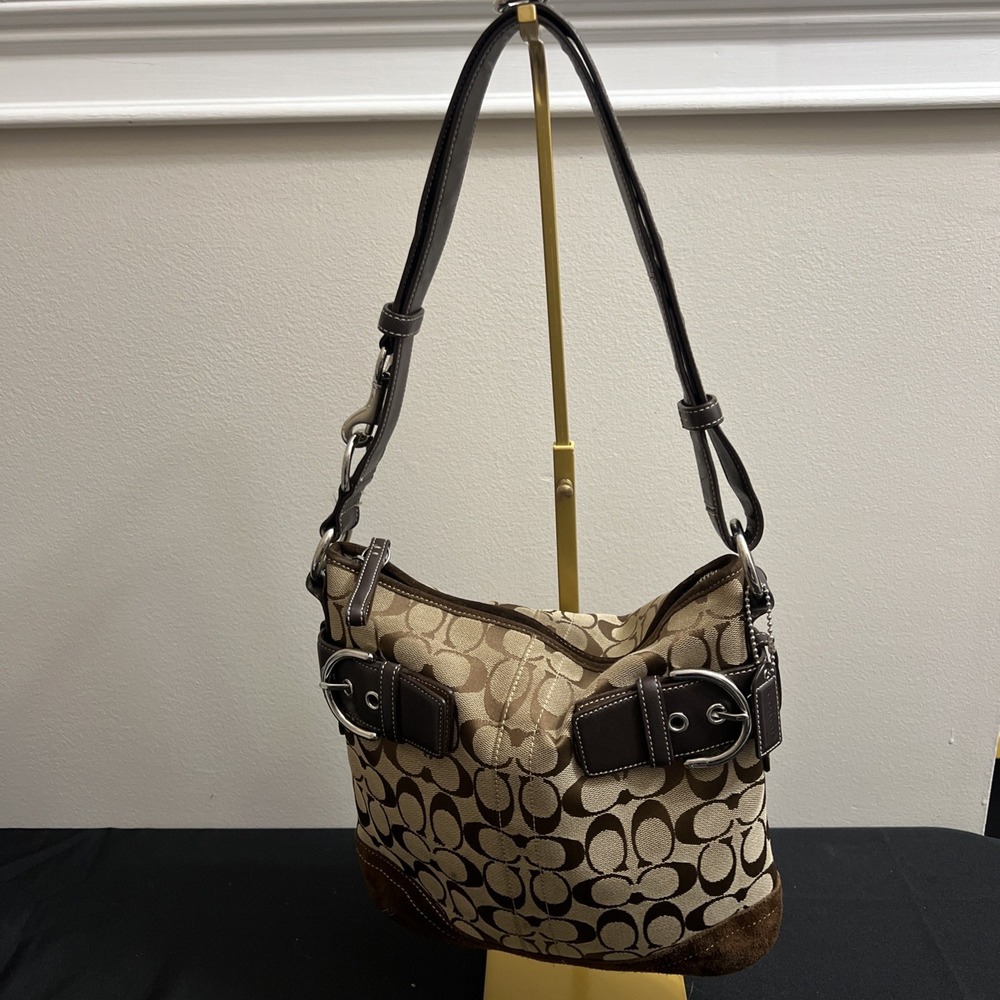 COACH Soft Duffle Bag Signature Brown Canvas Y2K Purse Adjustable Shoulder 3574